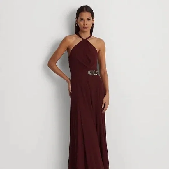 NWT Ralph Lauren Buckle Trim Georgette Halter Gown - Picture 4 of 11